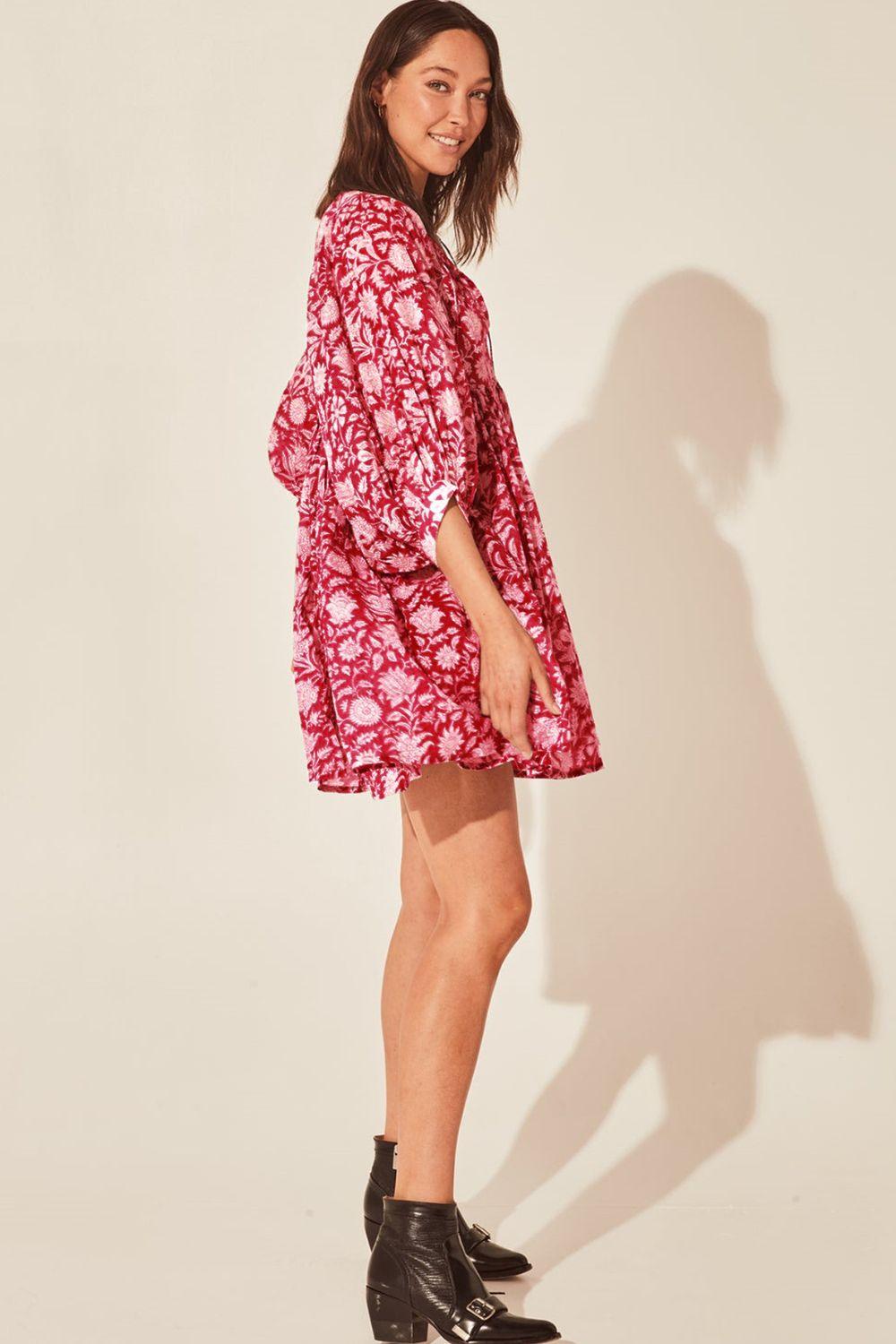 Floral Tie Neck Lantern Sleeve Mini Dress - Dresses