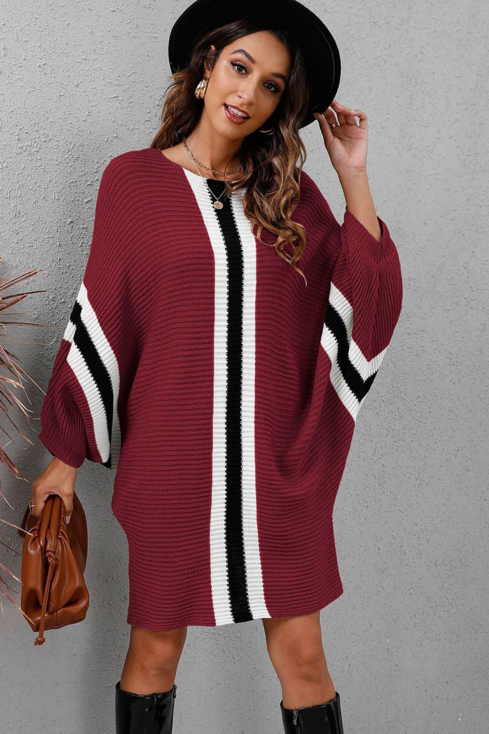 Ribbed Round Neck Long Sleeve Sweater Dress - Dresses