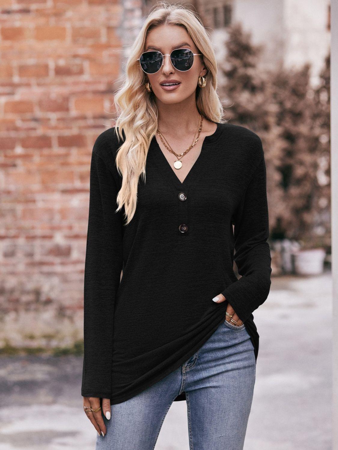 Double Take Buttoned Notched Neck Long Sleeve Top - Top