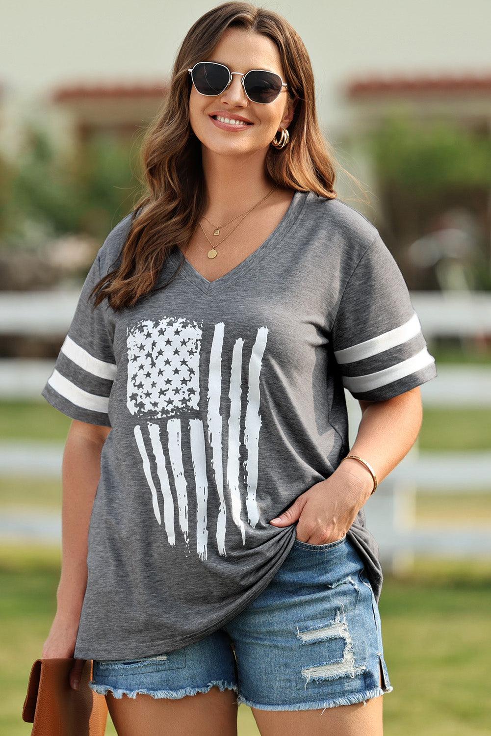 Plus Size US Flag Graphic V-Neck Top - Top