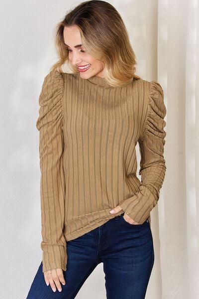 Basic Bae Full Size Ribbed Mock Neck Puff Sleeve Top - Top