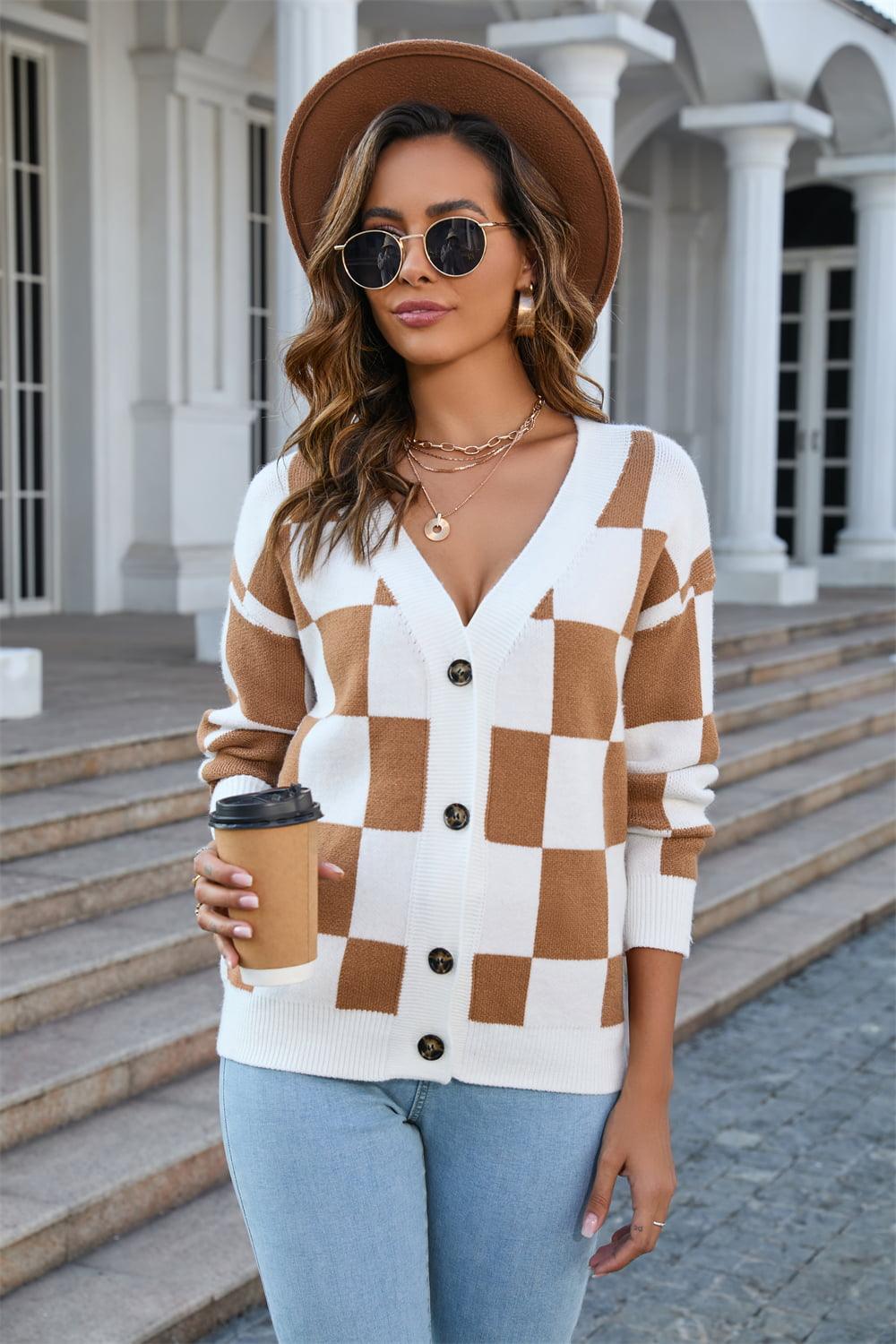 Checkered V-Neck Button-Up Cardigan - Cardigan