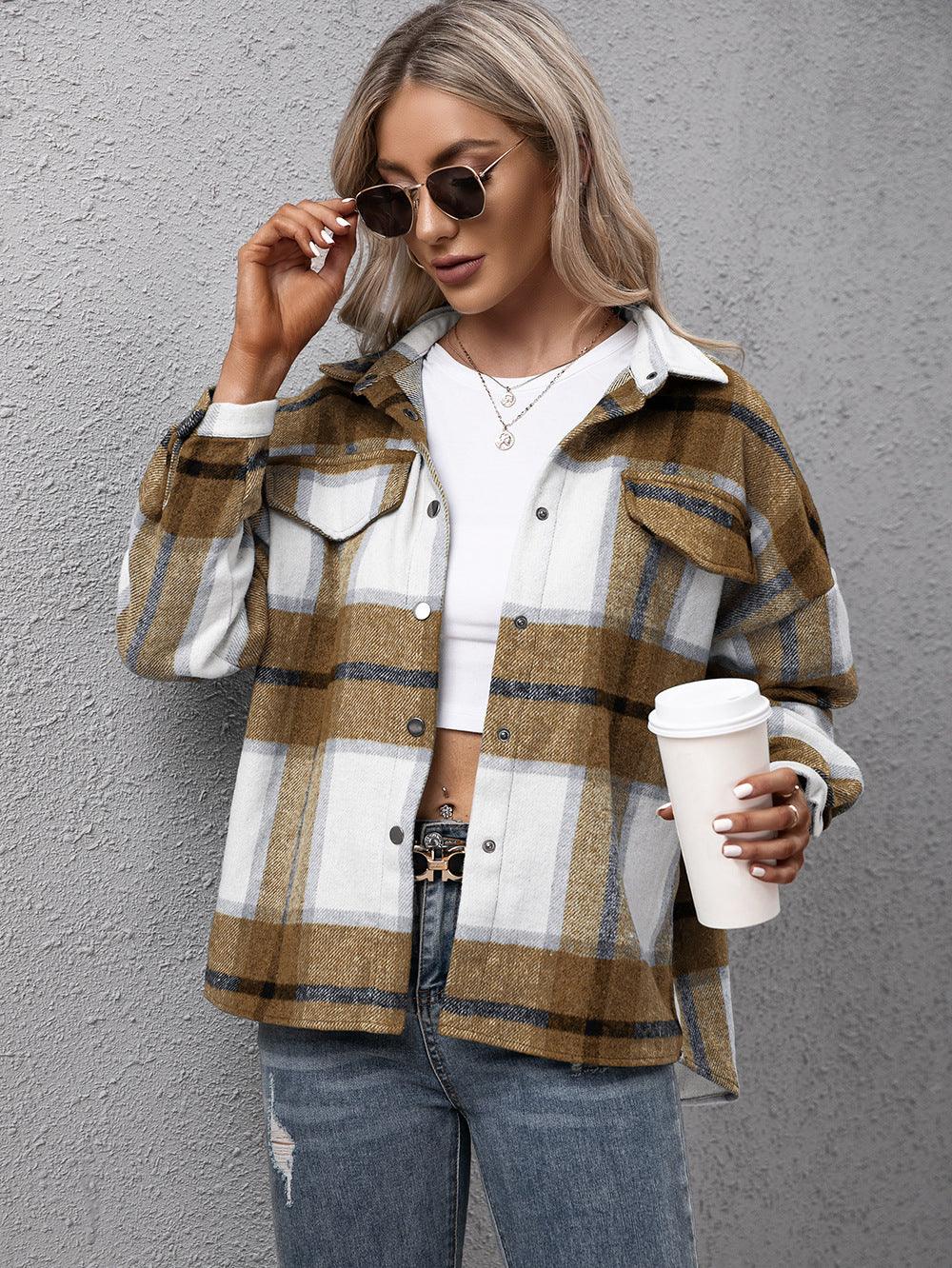 Plaid Long Sleeve Shirt Jacket - Jacket