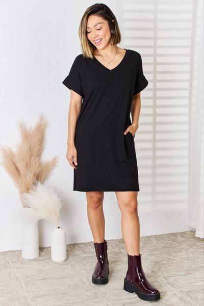 Zenana Rolled Short Sleeve V-Neck Dress - Dresses