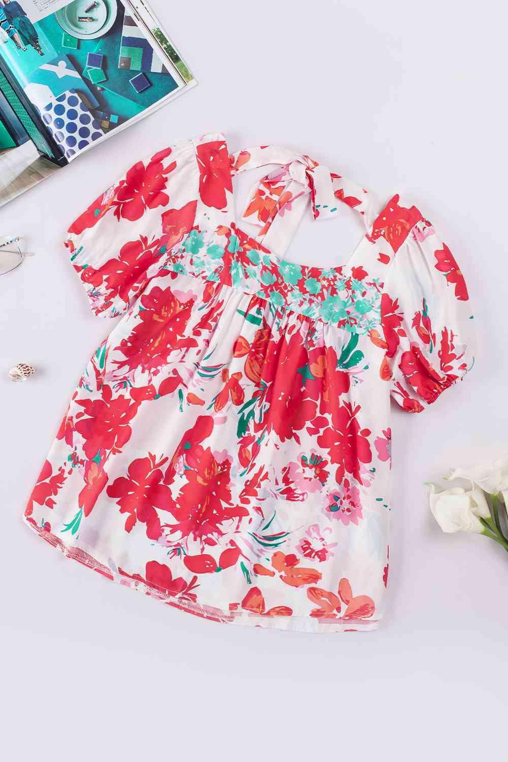 Floral Tie Back Square Neck Blouse - Blouse