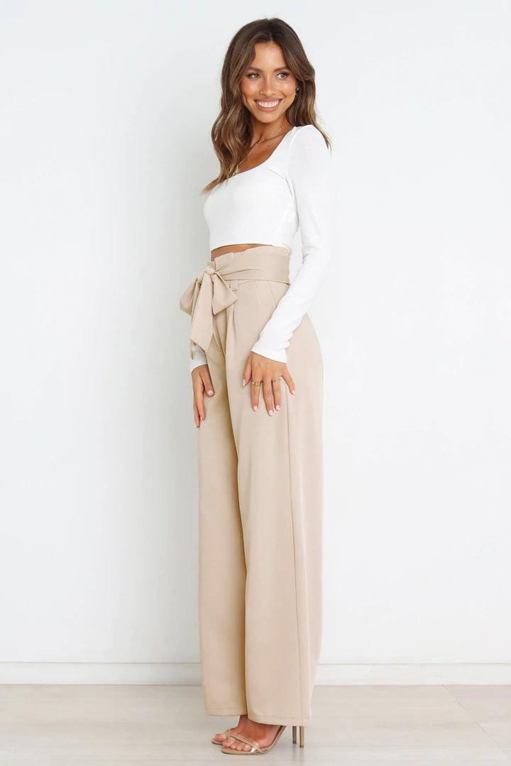 Tie Front Paperbag Wide Leg Pants - Pant