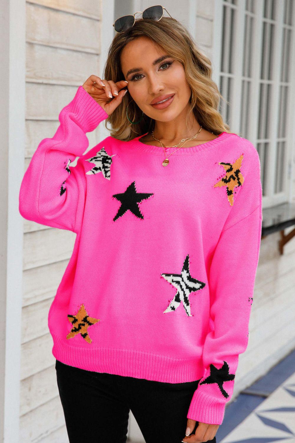 Star Pattern Round Neck Dropped Shoulder Sweater - Sweater