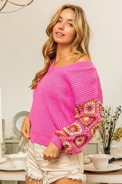 BiBi V-Neck Crochet Long Sleeve Sweater - Sweater