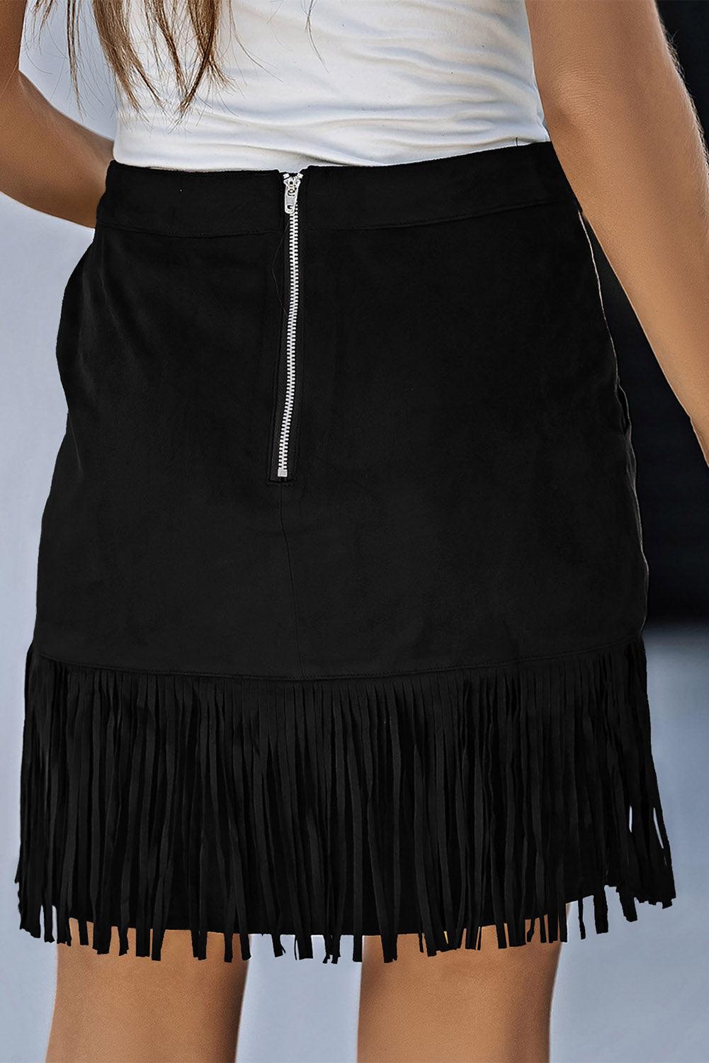 Fringe Detail Zip-Back Mini Skirt with Pockets - Skirt