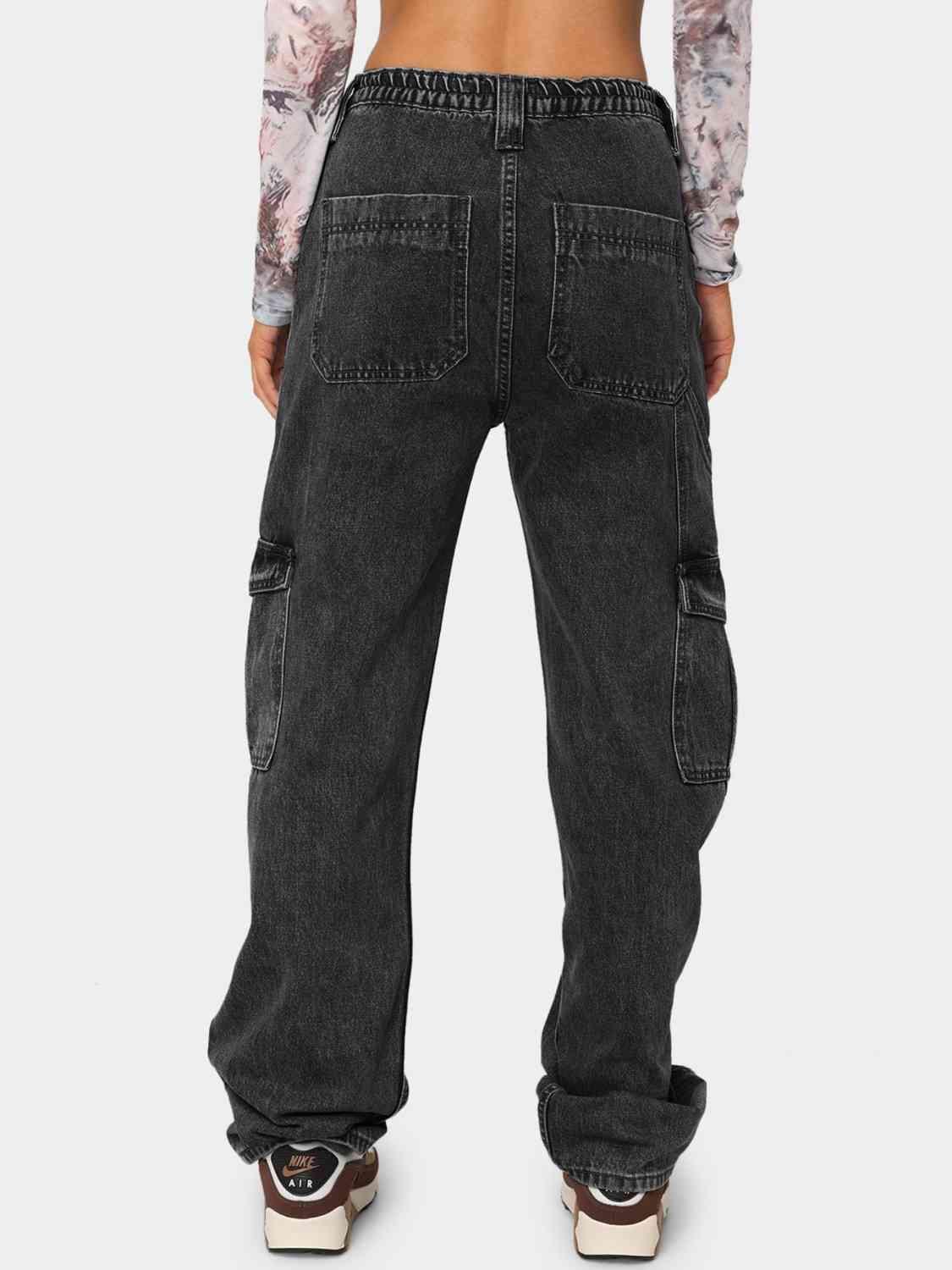 Straight Leg High Rise Cargo Jeans - Jeans