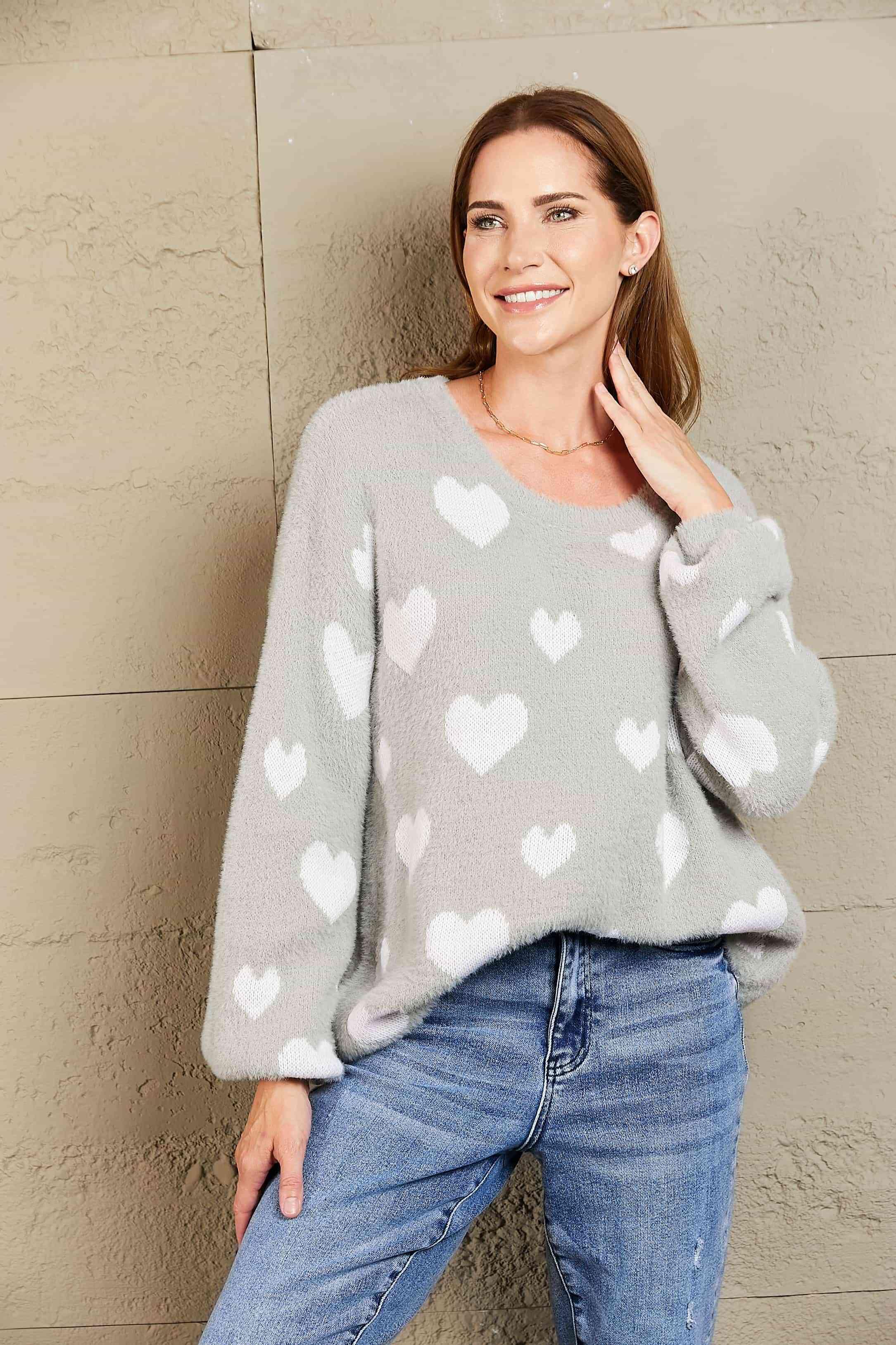 Woven Right Heart Print Fuzzy Sweater - Sweater