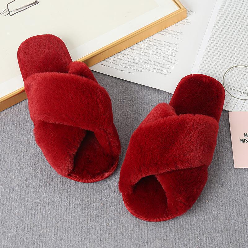 Faux Fur Crisscross Strap Slippers - Slippers