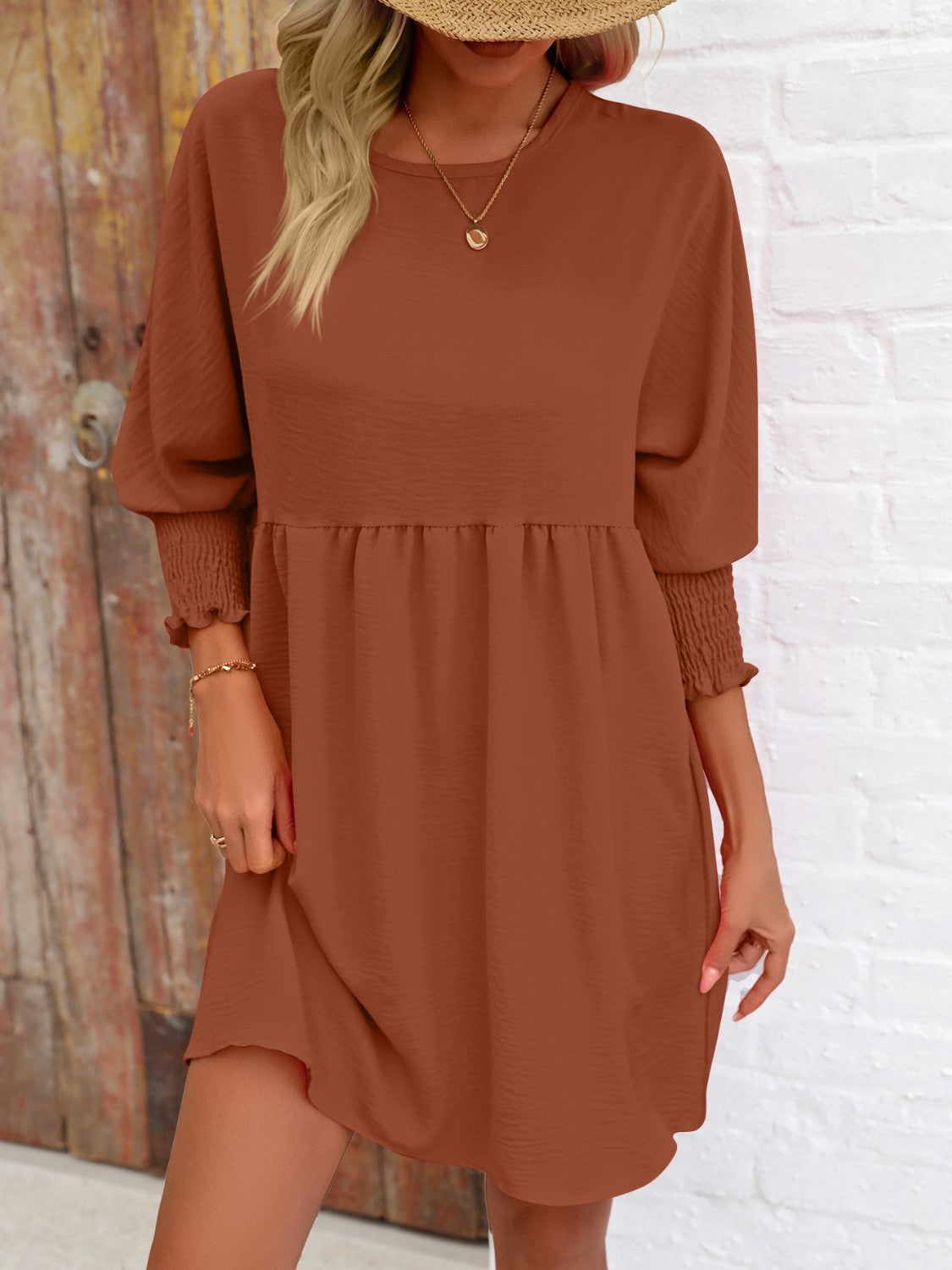 Round Neck Long Lantern Sleeve Mini Dress