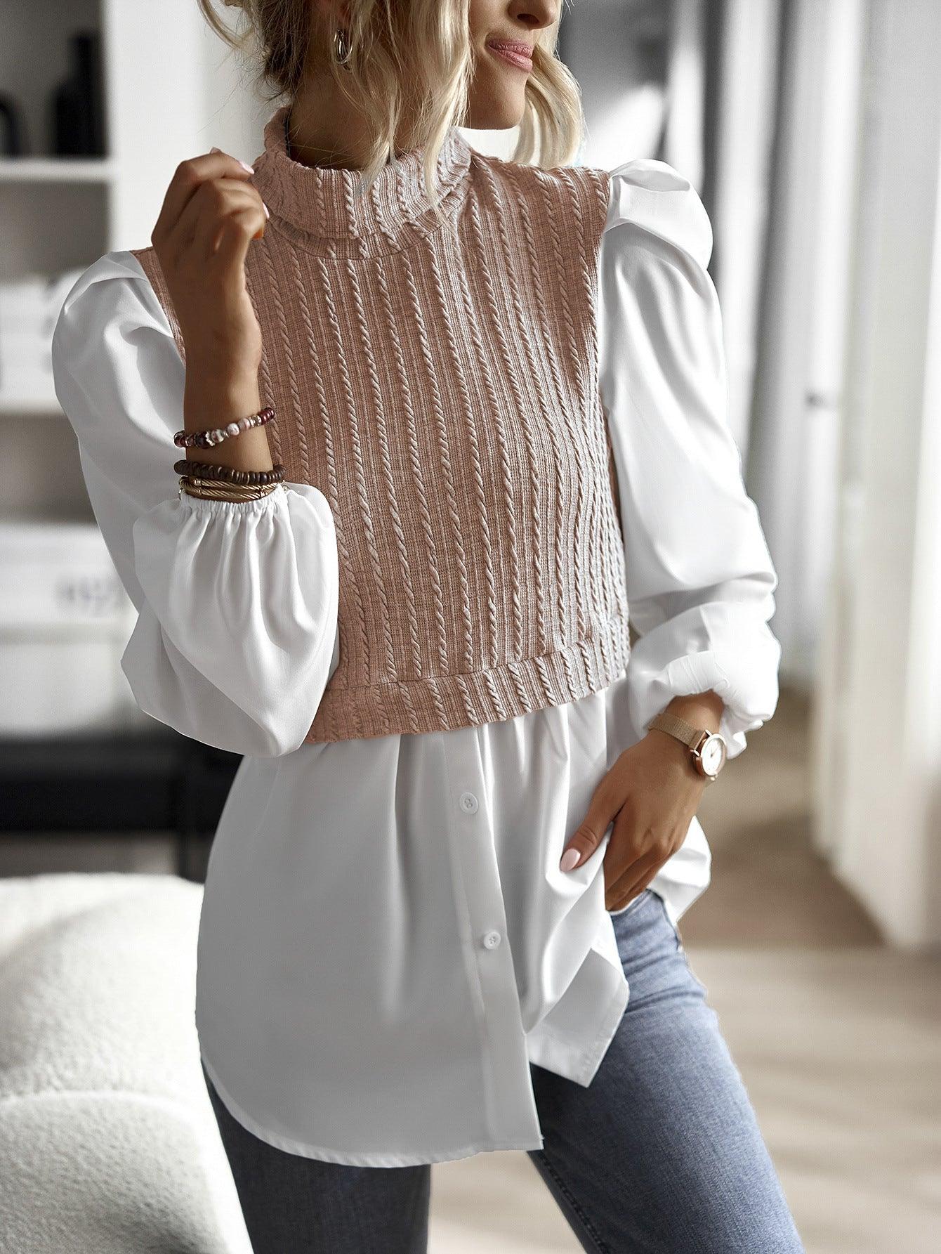 Contrast Cable-Knit Mock Neck Long Sleeves Top - Top