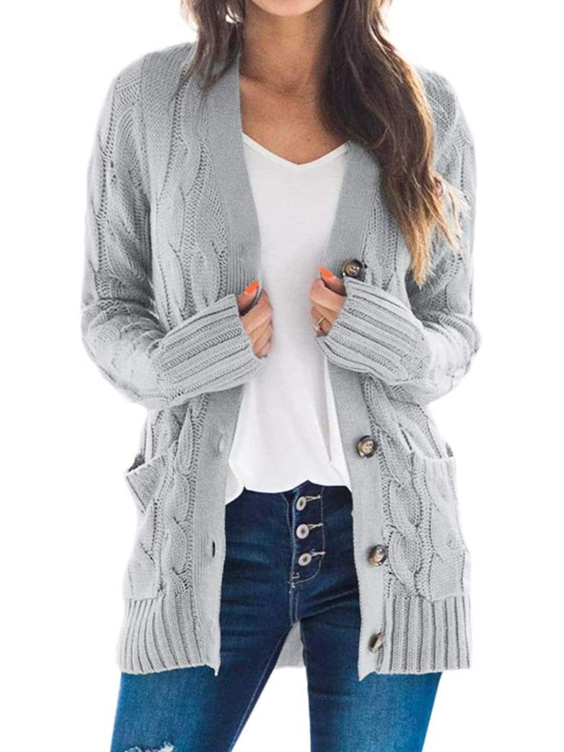 Cable-Knit Buttoned Sweater Cardigan with Pockets - Cardigan