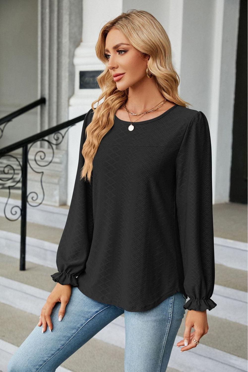 Round Neck Long Flounce Sleeve Top - Top