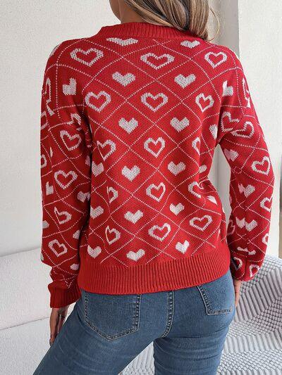 Heart Pattern V-Neck Long Sleeve Sweater - Sweater