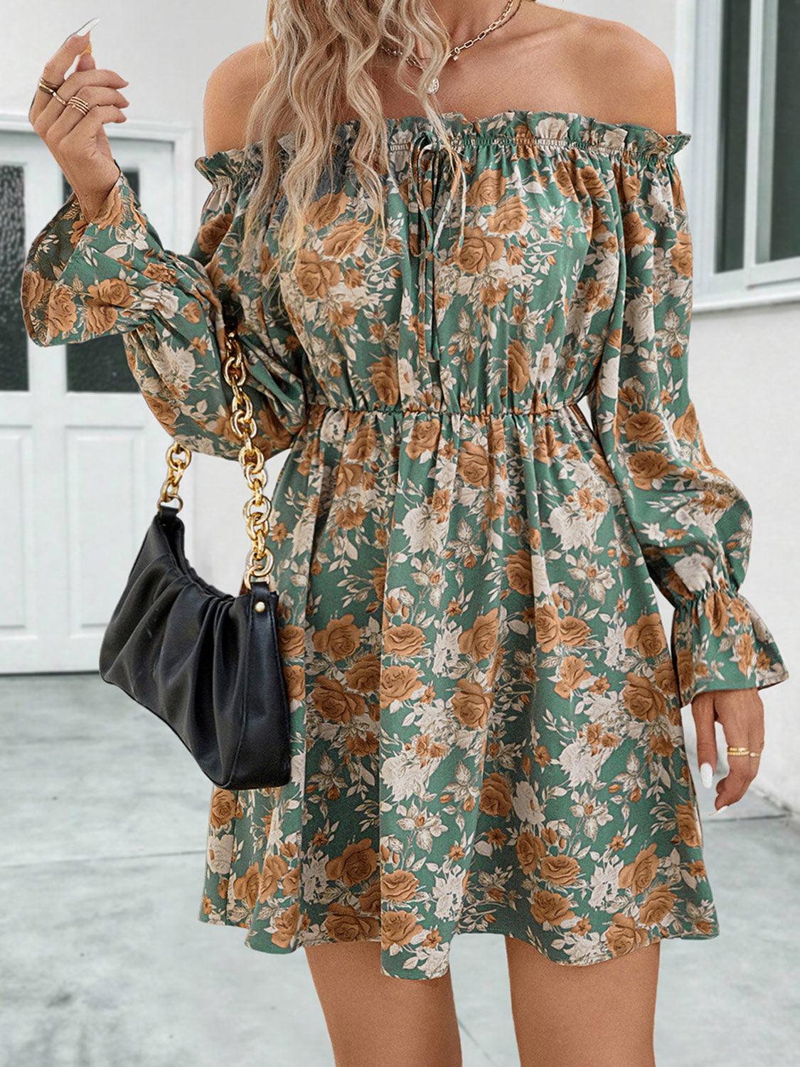 Floral Off-Shoulder Flounce Sleeve Dress - Dresses