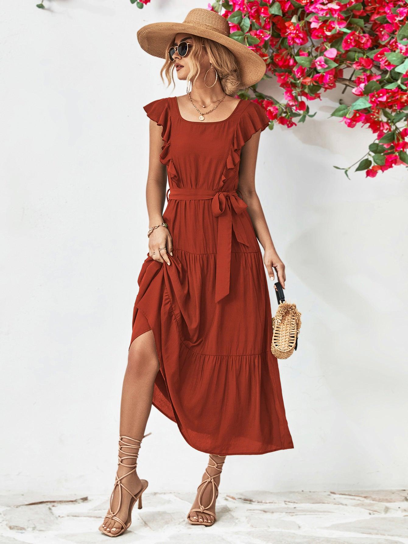 Tie Belt Ruffled Tiered Midi Dress - Dresses