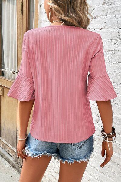 Textured V-Neck Flounce Sleeve Blouse - Blouse