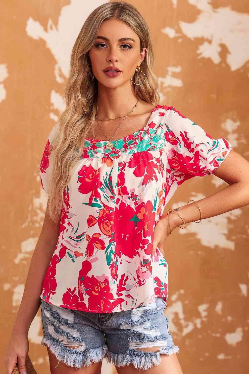 Floral Tie Back Square Neck Blouse - Blouse