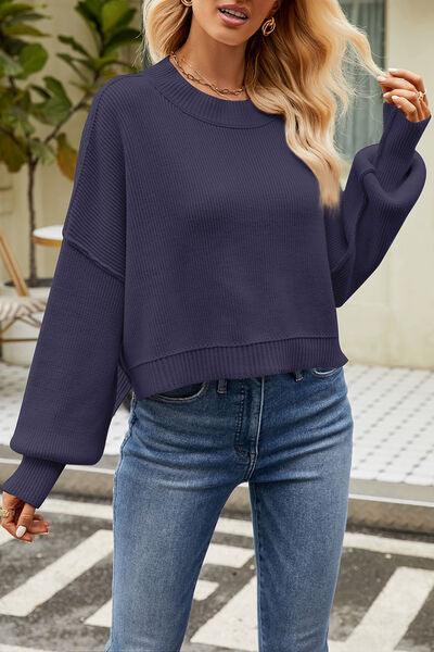 Round Neck Dropped Shoulder Crop Sweater - Sweater