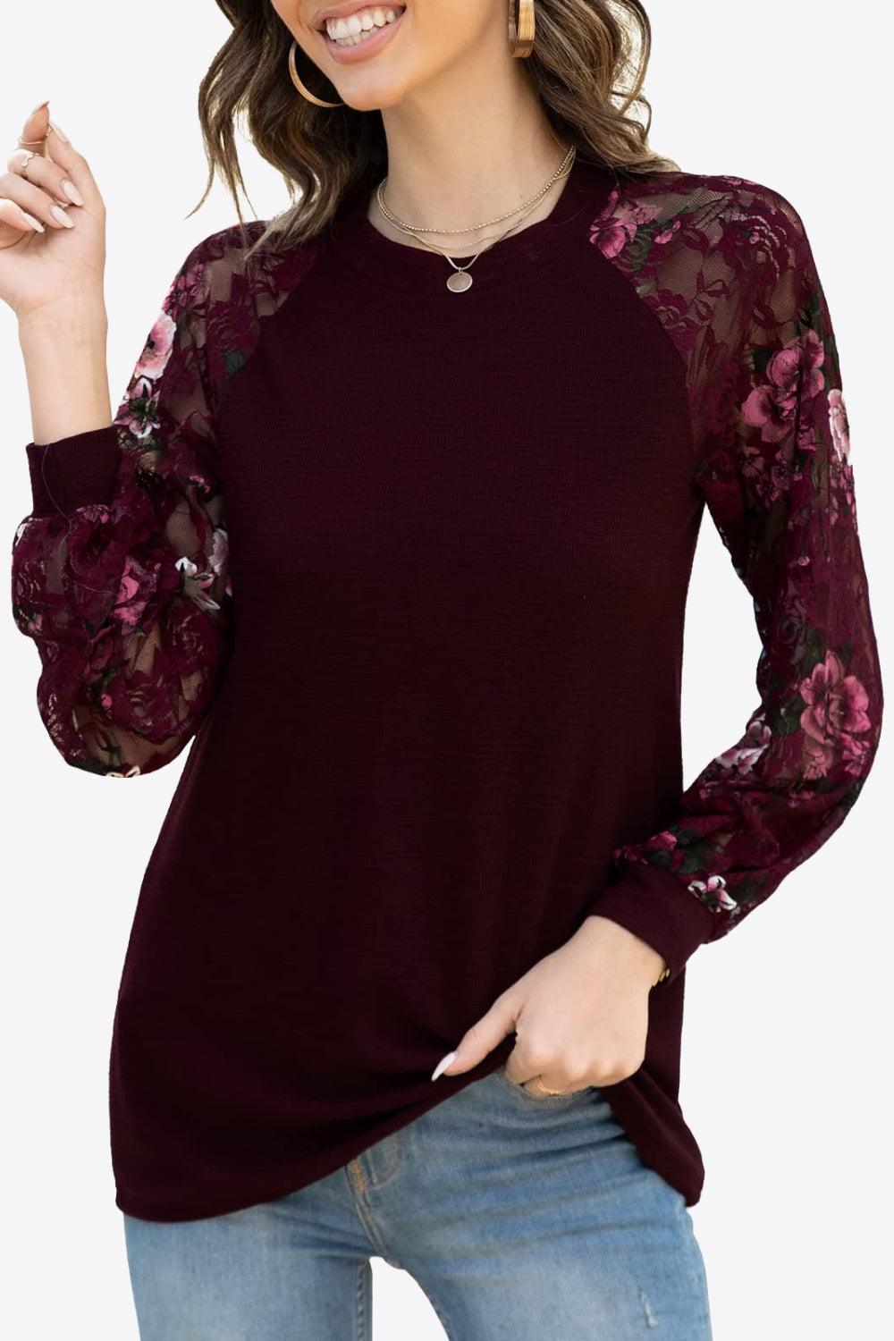 Eyelet Long Raglan Sleeve Round Neck Tee - Top