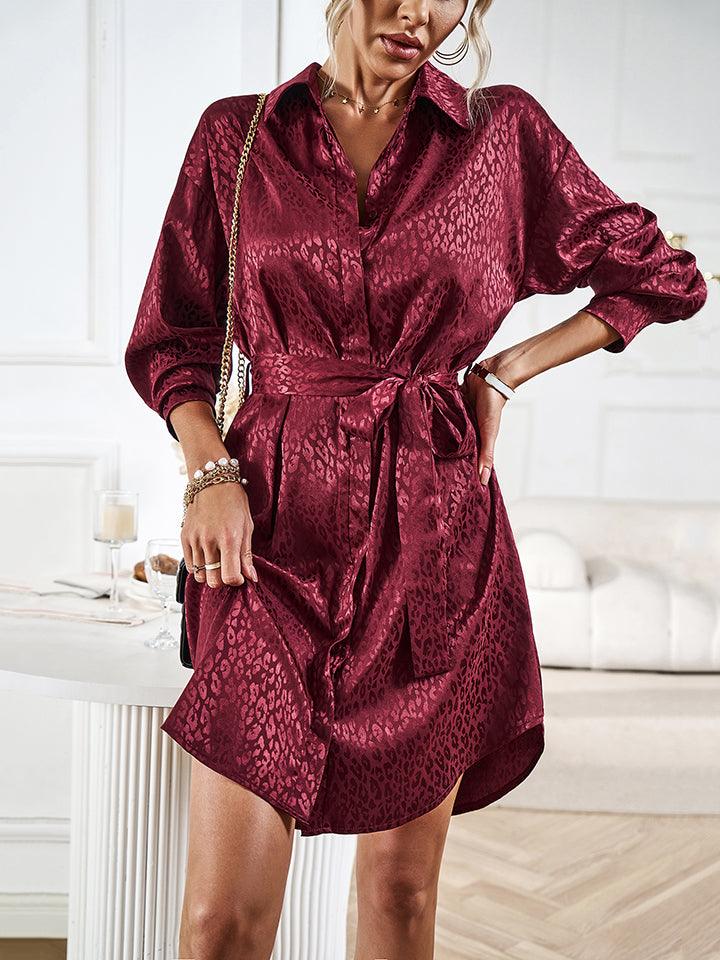 Leopard Tie Waist Collared Neck Shirt Dress - Dresses