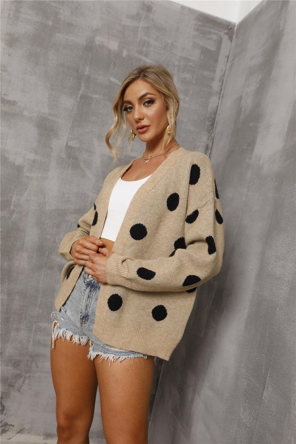 Dropped Shoulder Open Front Polka Dot Cardigan - Cardigan