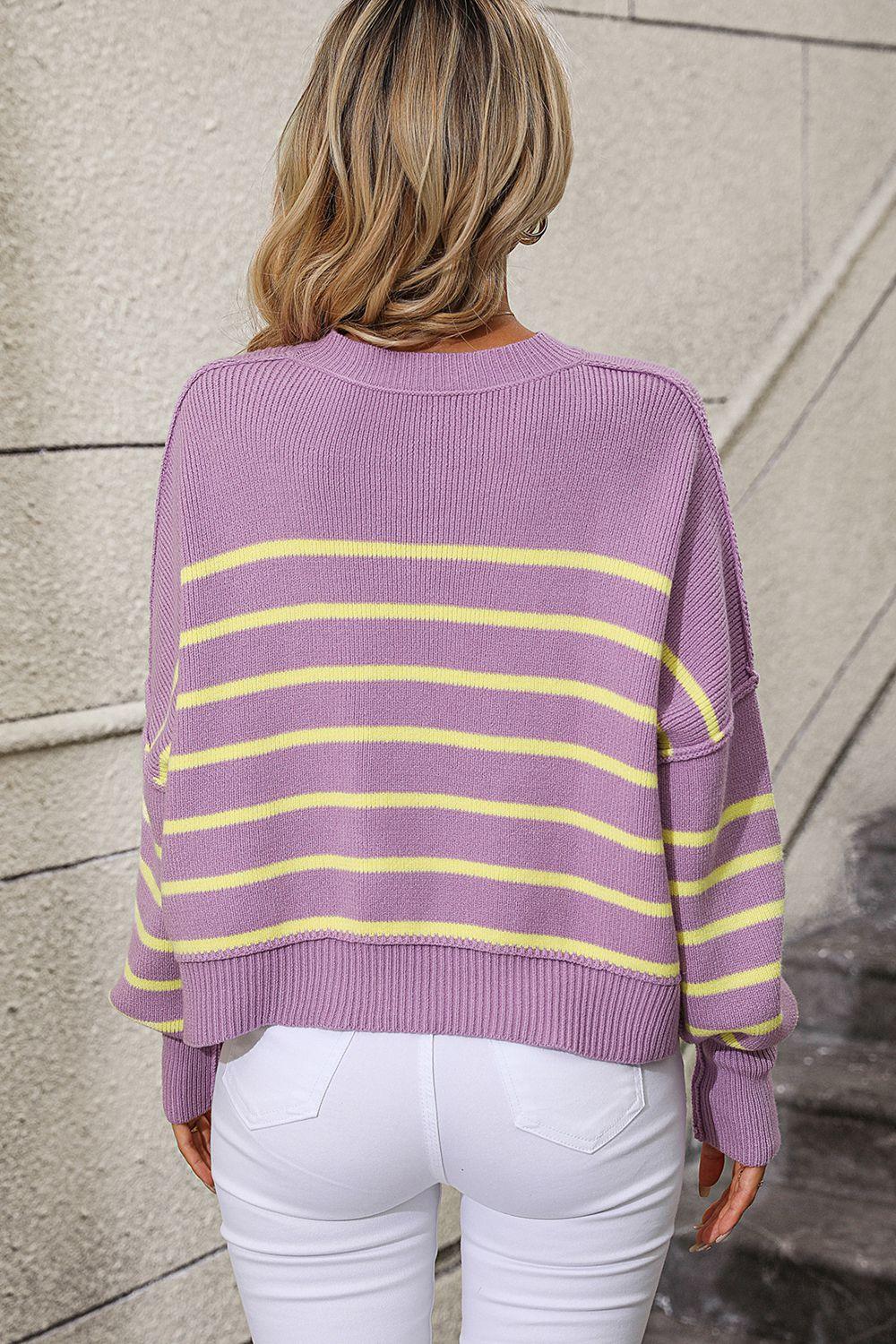 Striped Dropped Shoulder Round Neck Sweater - Sweater