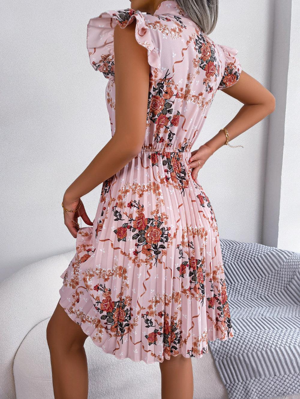 Pleated Floral Printed Tie Neck Knee Length Dress - Dresses