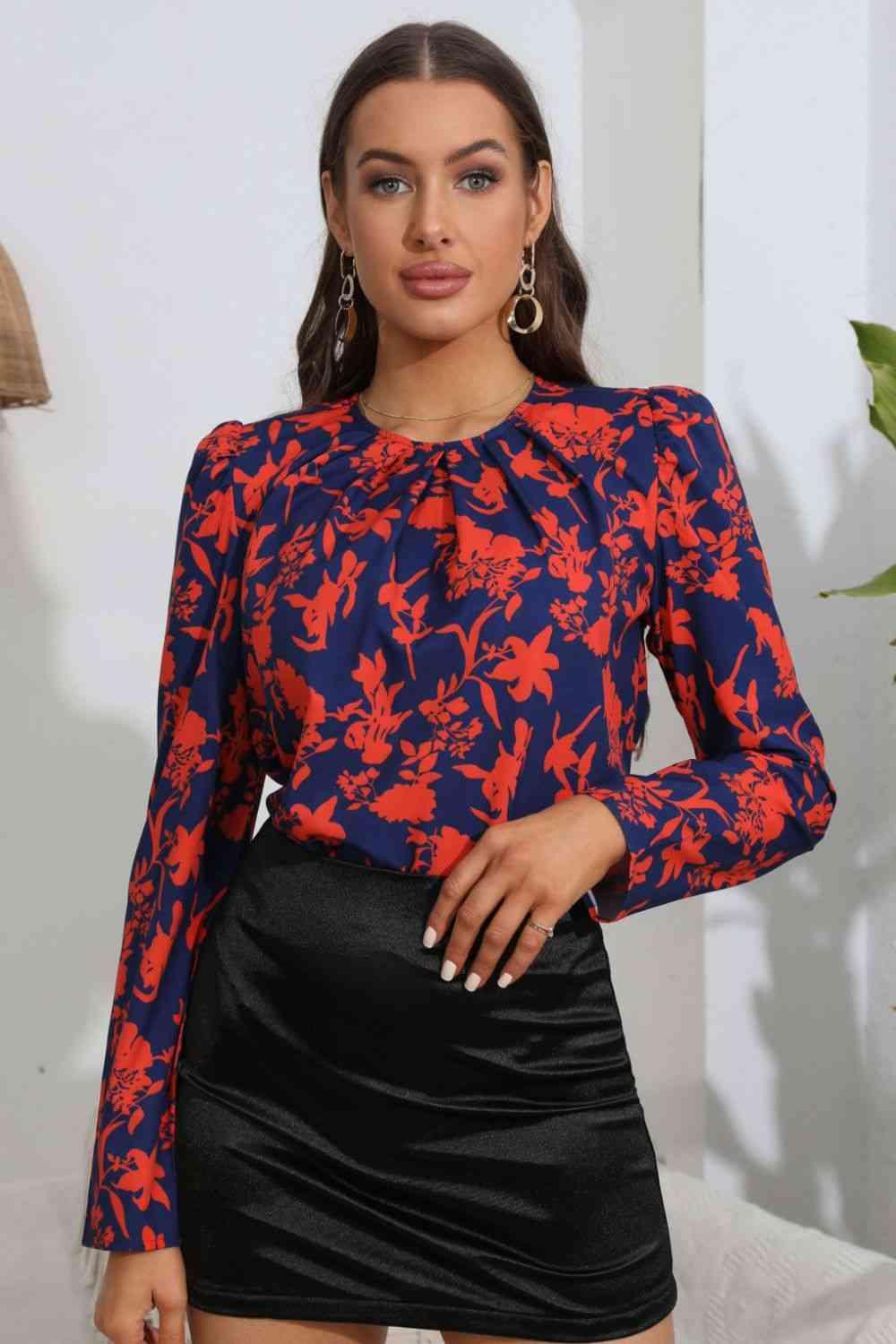 Floral Long Puff Sleeve Blouse - Blouse