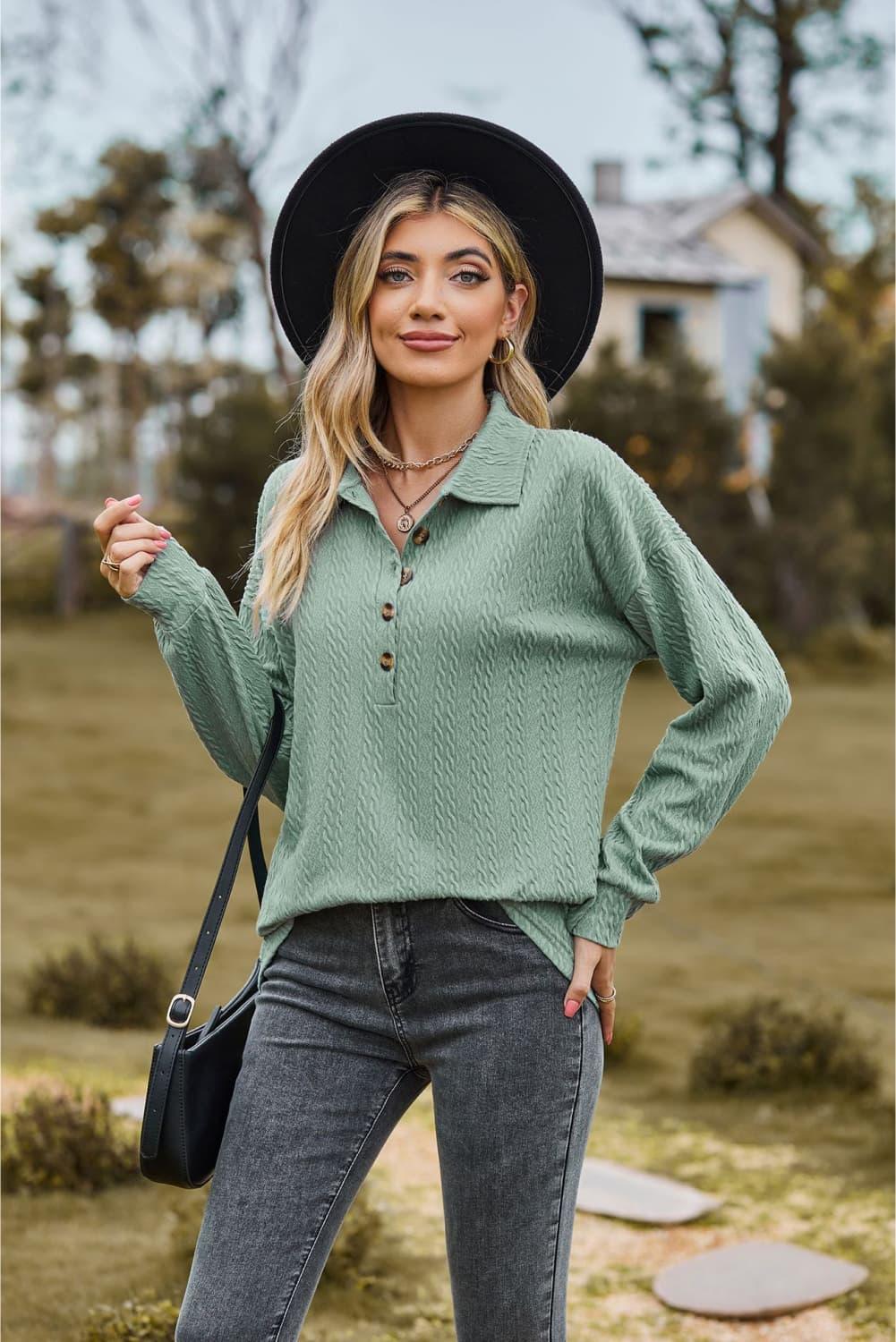 Collared Neck Long Sleeve Buttoned Top - Top