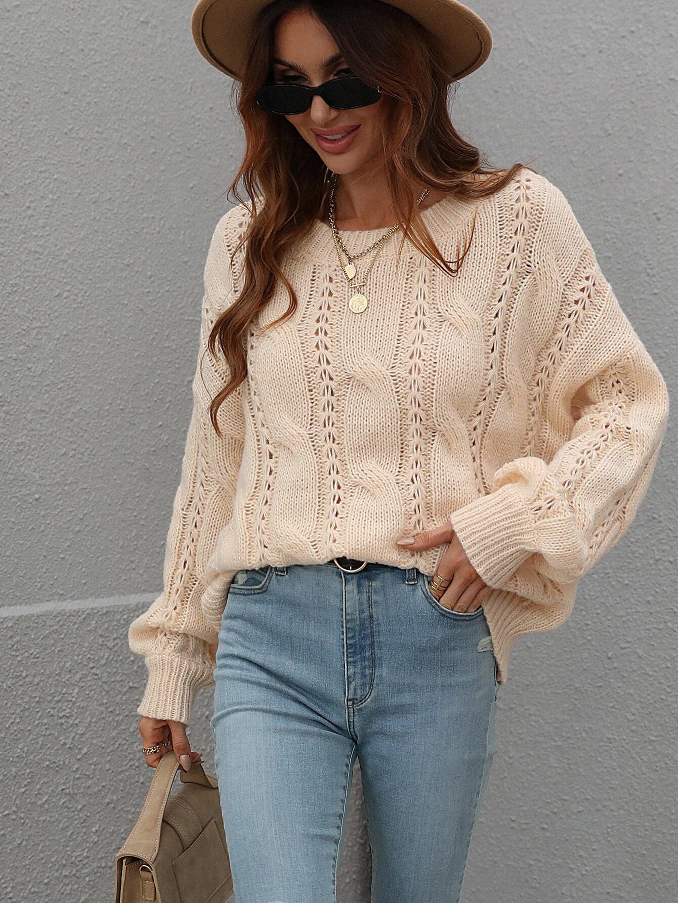 Woven Right Cable-Knit Openwork Round Neck Sweater - Sweater