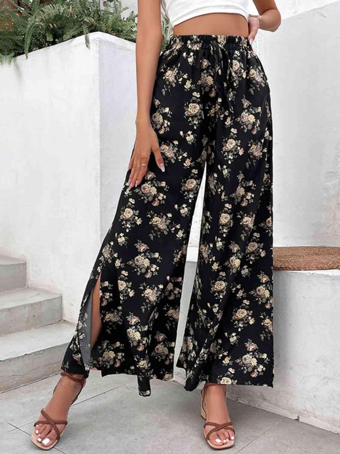 Floral Side Slit Wide Leg Pants - Pant