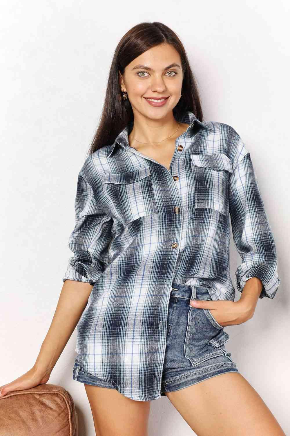 Double Take Plaid Dropped Shoulder Shacket - Shirt