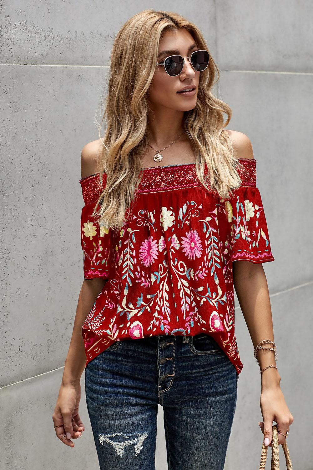 Floral Smocked Half Sleeve Off-Shoulder Top - Top