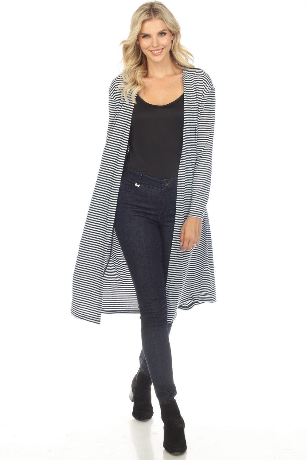 Striped Long Sleeve Open Front Cardigan - Cardigan