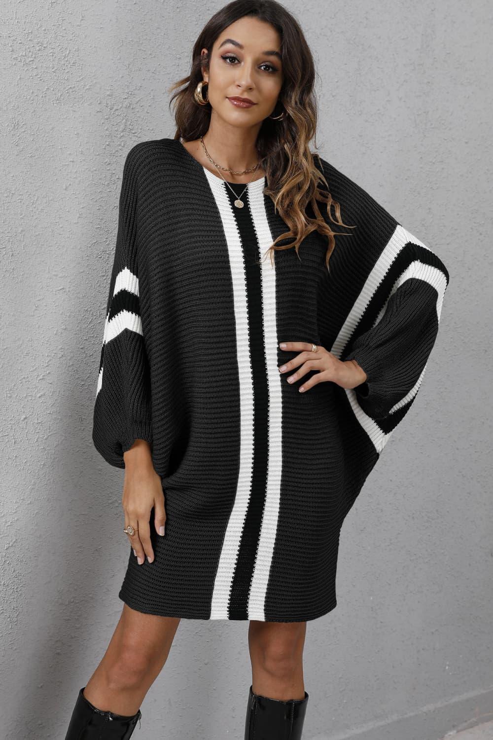 Ribbed Round Neck Long Sleeve Sweater Dress - Dresses