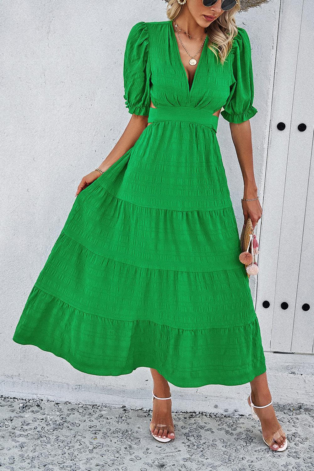 Tie Back Short Sleeve Tiered Midi Dress - Dresses