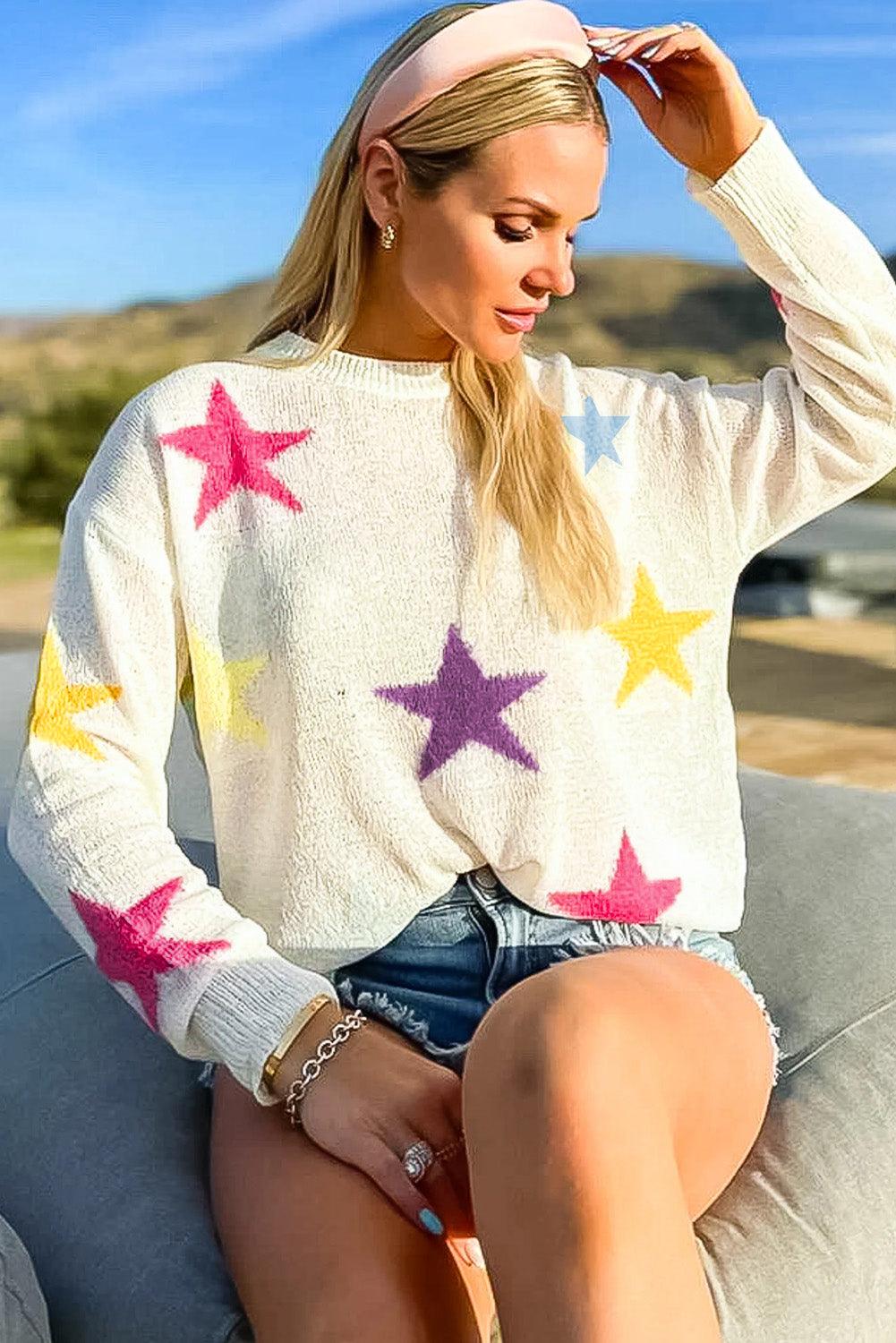 Star Pattern Dropped Shoulder Round Neck Sweater - Sweater