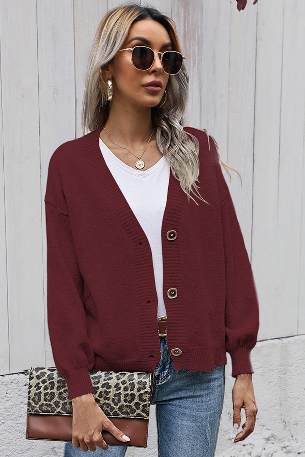 V-Neck Button-Down Dropped Shoulder Cardigan - Cardigan