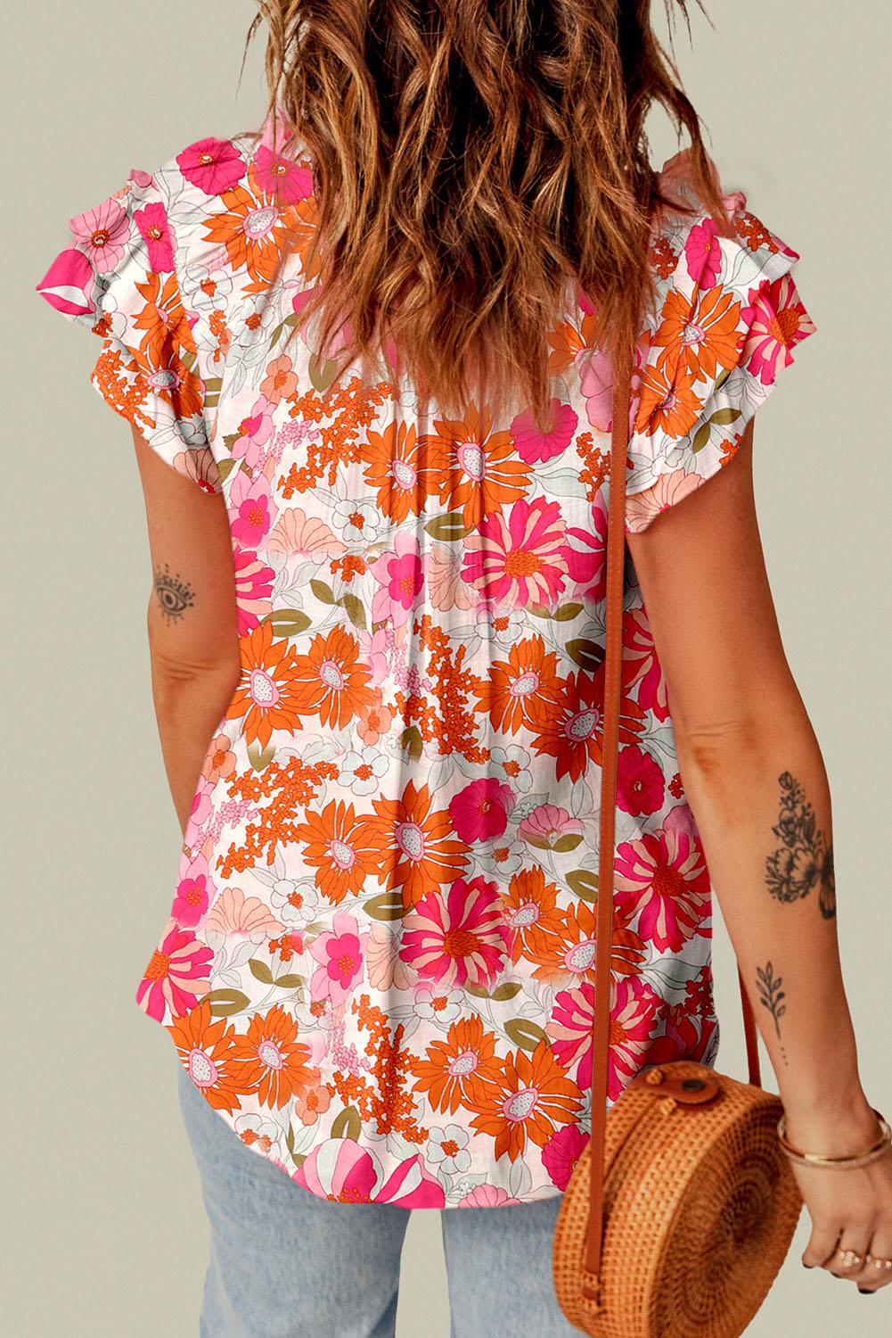 Floral Tie V-Neck Short Flutter Sleeve Top - Top