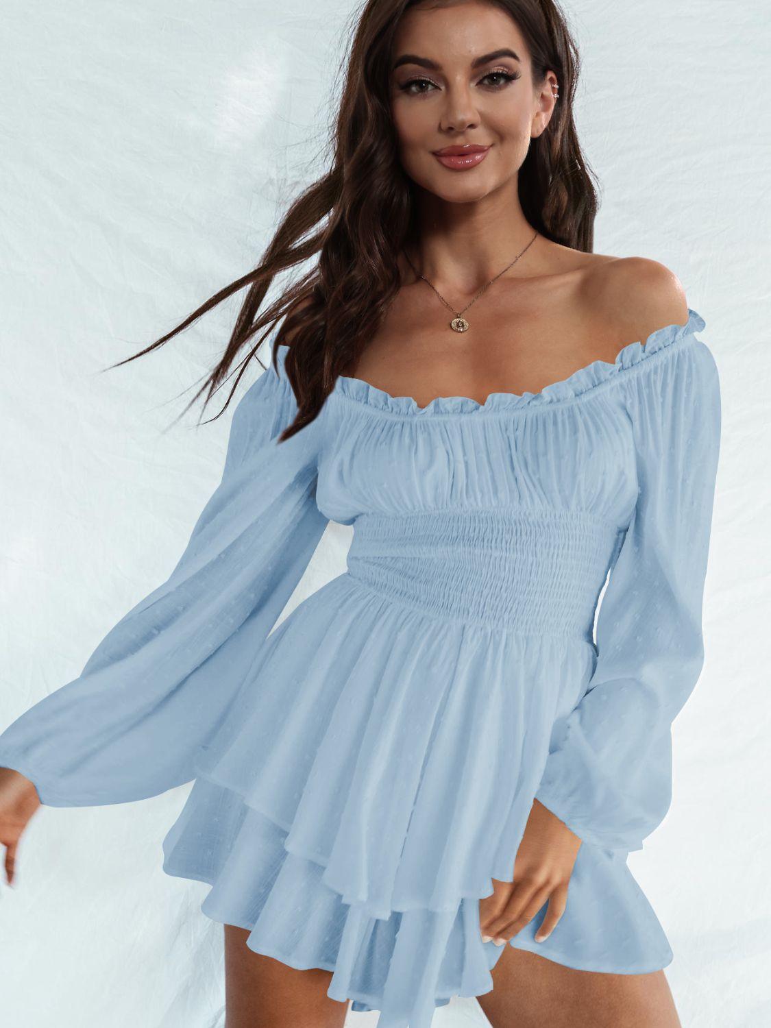 Off Shoulder Smocked Waist Long Sleeve Mini Dress - Dresses