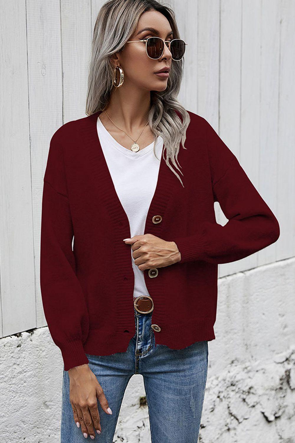 V-Neck Button-Down Dropped Shoulder Cardigan - Cardigan