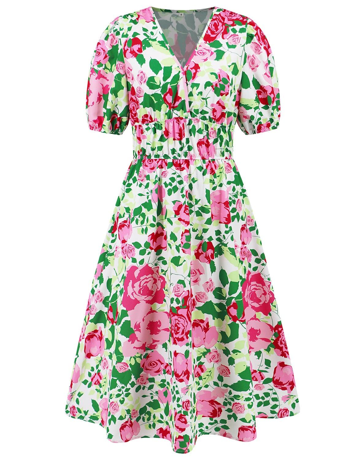 Ruched Floral Surplice Midi Dress - Dresses