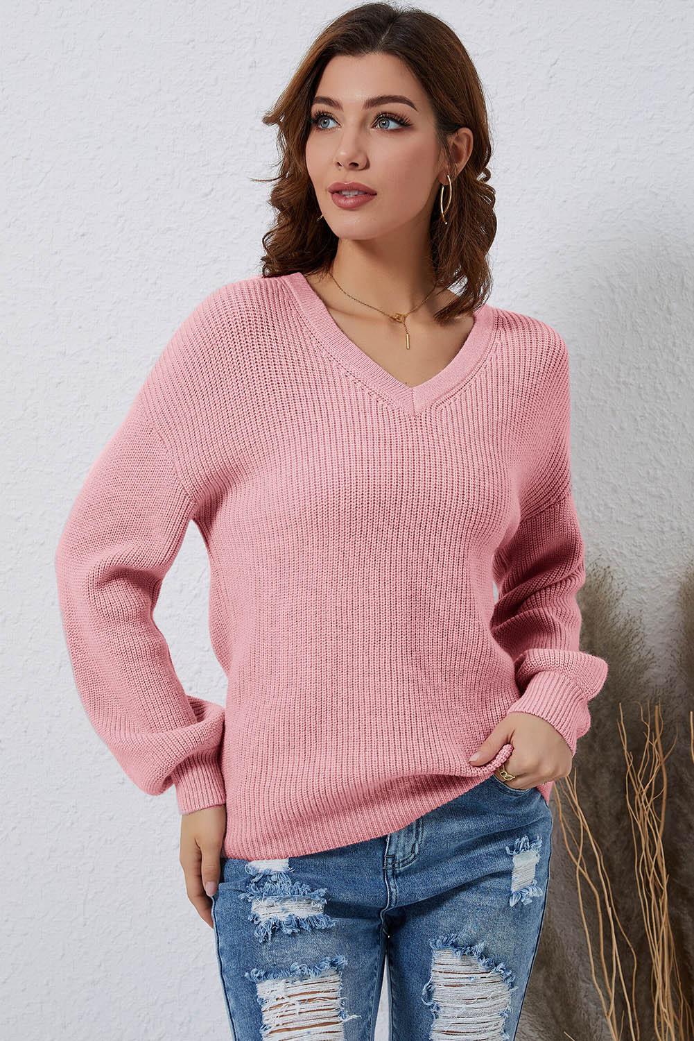 V-Neck Ribbed Dropped Shoulder Sweater - Sweater