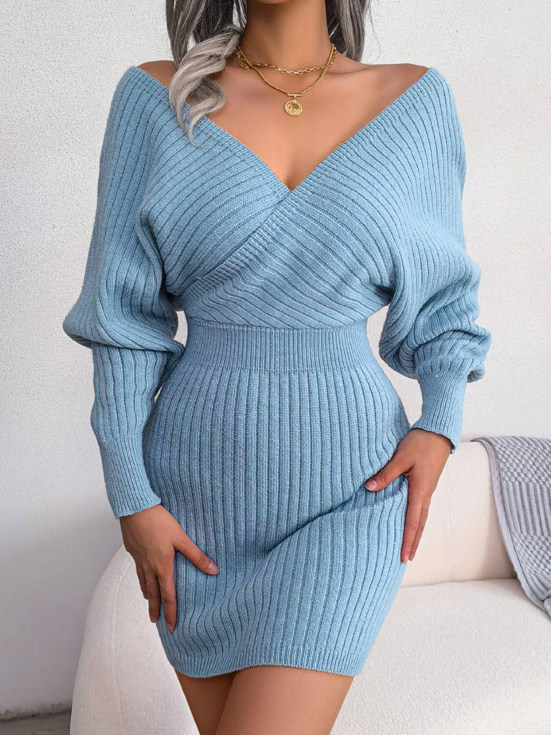 Rib-Knit Dolman Sleeve Sweater Dress - Dresses