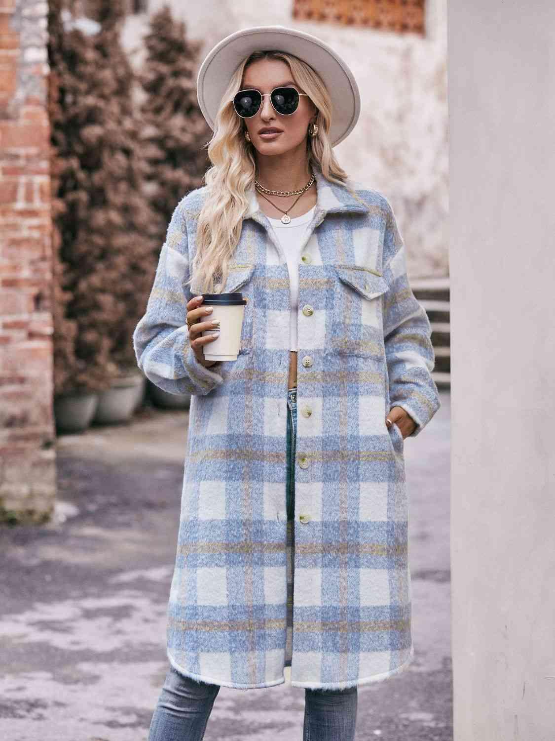 Plaid Dropped Shoulder Slit Coat - Coat