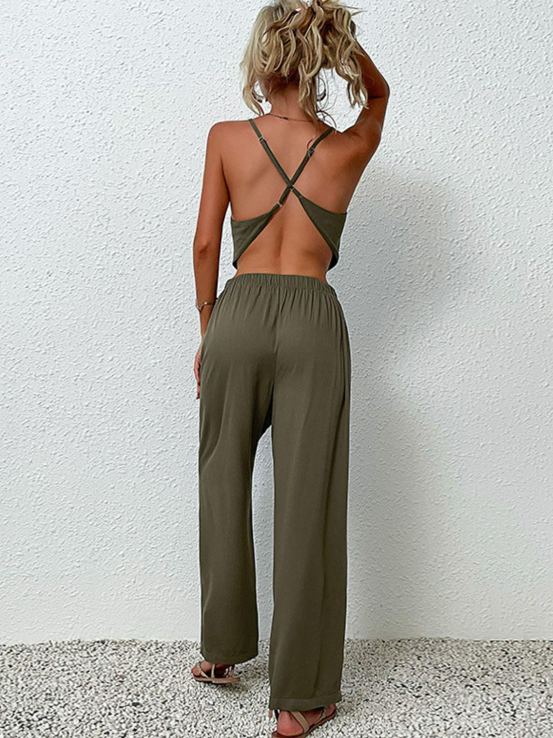 Crisscross Back Cropped Top and Pleated Pants Set - Pant & Top